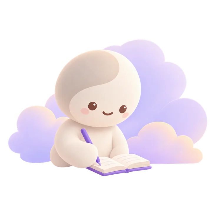 Ariadne writing in a notebook in front of soft clouds.