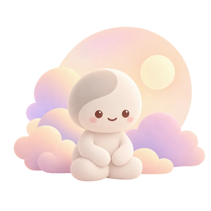 Ariadne sitting calmly in front of a soft moon and clouds.